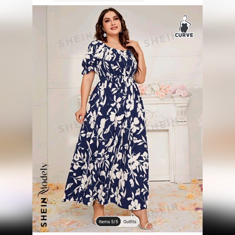 SHEIN Modely Plus Floral Print Shirred Frill Trim Puff Sleeve Dress